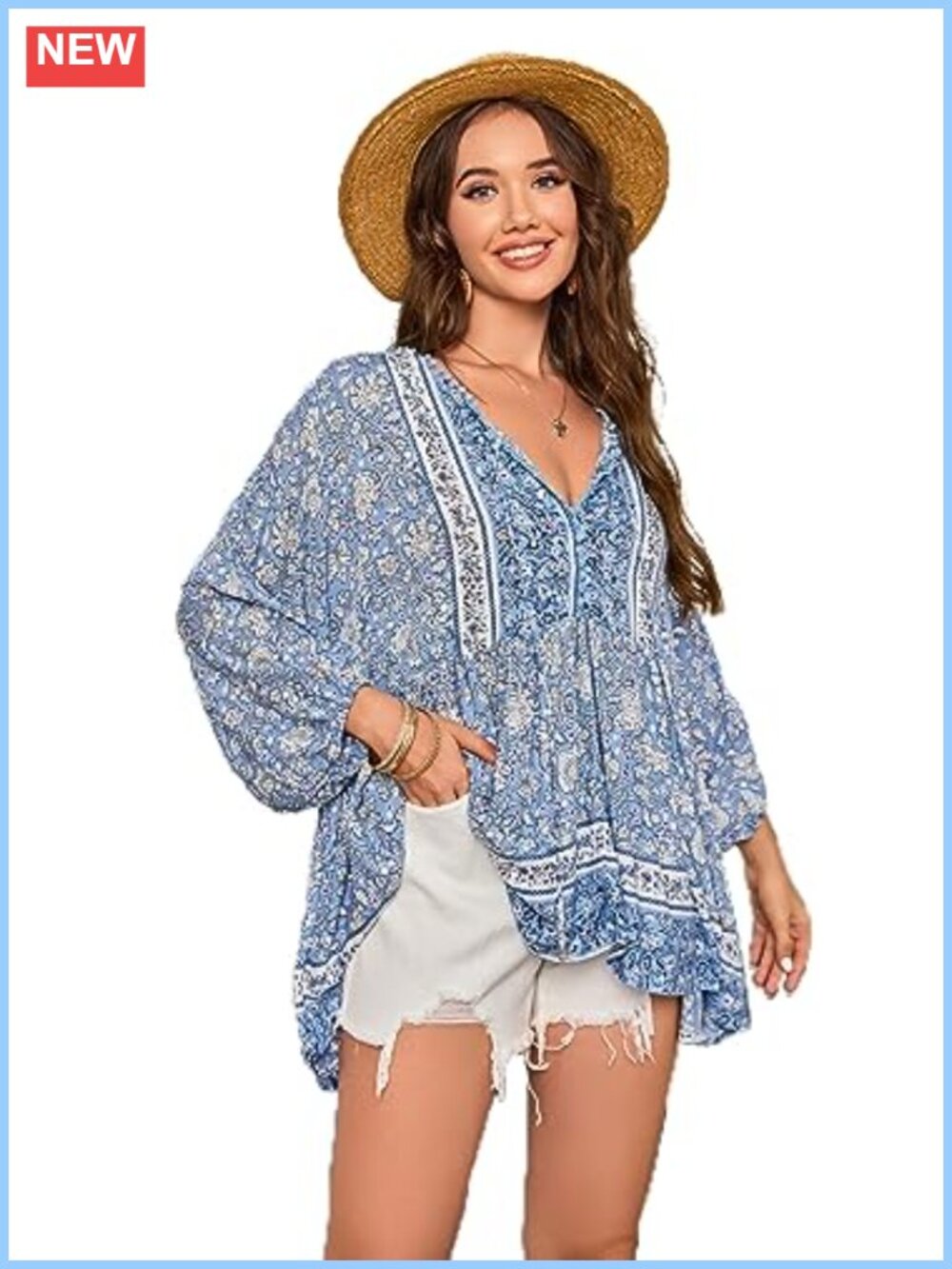 Boho V-Neck Blouse 3/4 Sleeve Floral Tunic 100% Rayon